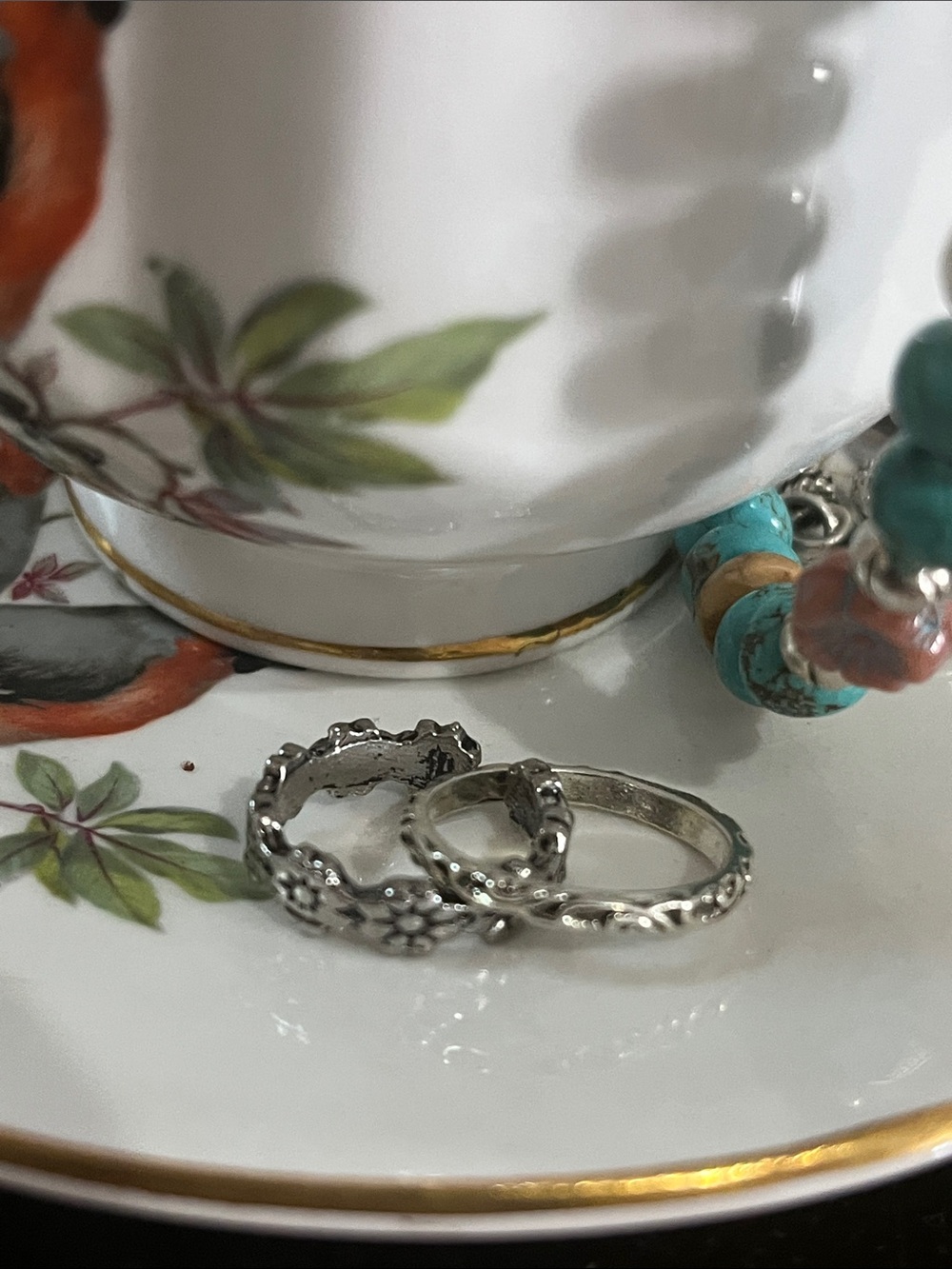 Cottagecore Artisan Bird’s Nest Pearl Necklace Teacup Turquoise Ring Set - Picture 3 of 10